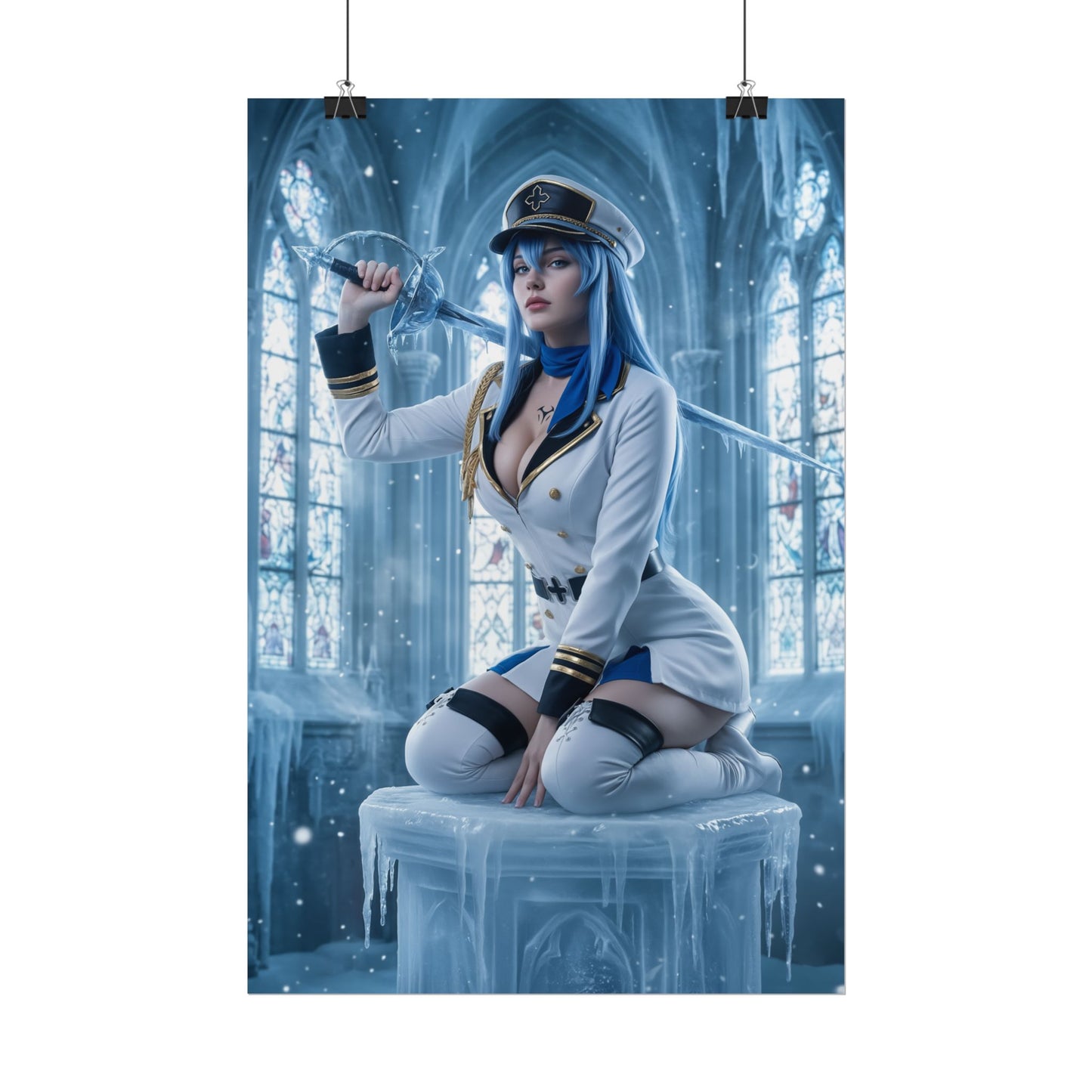 Esdeath Poster, Akame ga Kill Art Print, Iconic Ice General Wall Decor - striking Esdeath anime art in icy cathedral, cosplay poster for gaming rooms