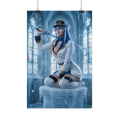 Esdeath Poster, Akame ga Kill Art Print, Iconic Ice General Wall Decor - striking Esdeath anime art in icy cathedral, cosplay poster for gaming rooms