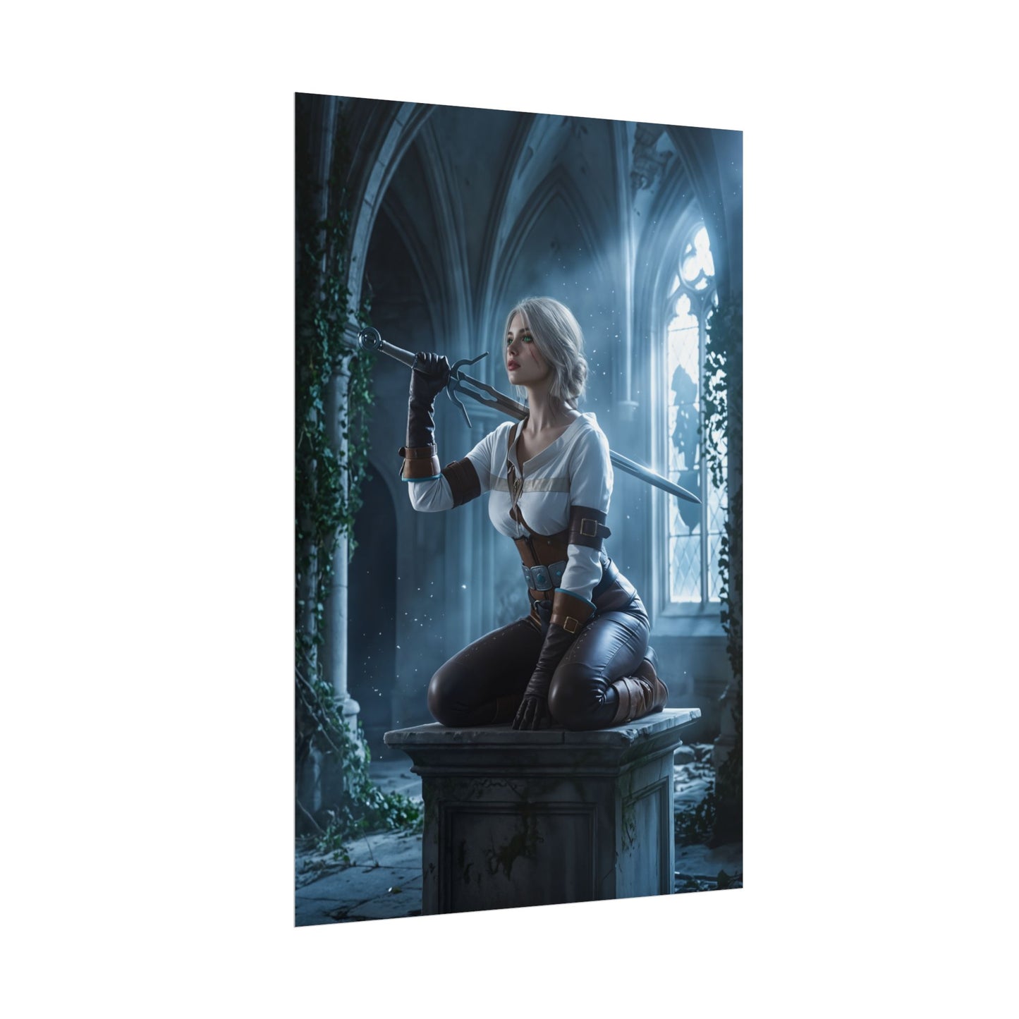 Ciri Poster, Witcher Series Print, Legendary RPG Hero Art Wall Decor - dramatic Ciri fantasy art in ruined cathedral, ideal gaming room decor