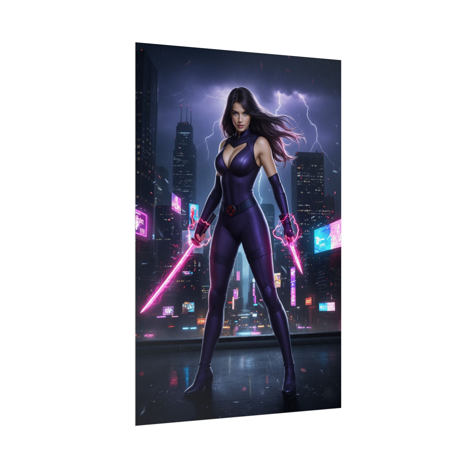 Psylocke Poster, Marvel X-Men Art Print, Iconic Telepath Ninja Hero - dramatic city night art print of telepathic ninja with glowing psi blades