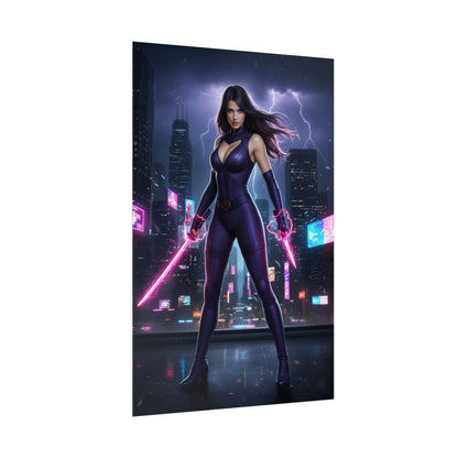 Psylocke Poster, Marvel X-Men Art Print, Iconic Telepath Ninja Hero - dramatic city night art print of telepathic ninja with glowing psi blades