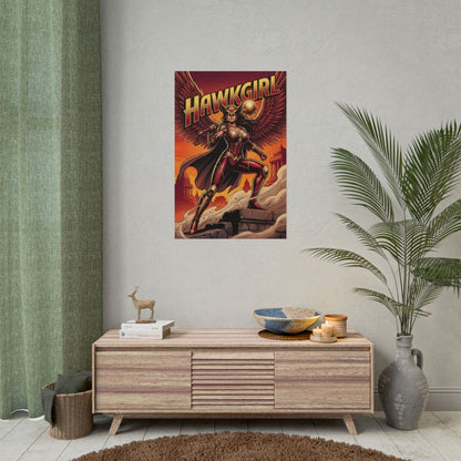 Hawkgirl Poster / Hawkgirl Wall Art / Hawkgirl Art Print / DC Comics Poster - dramatic golden-hour Hawkgirl with mace above city
