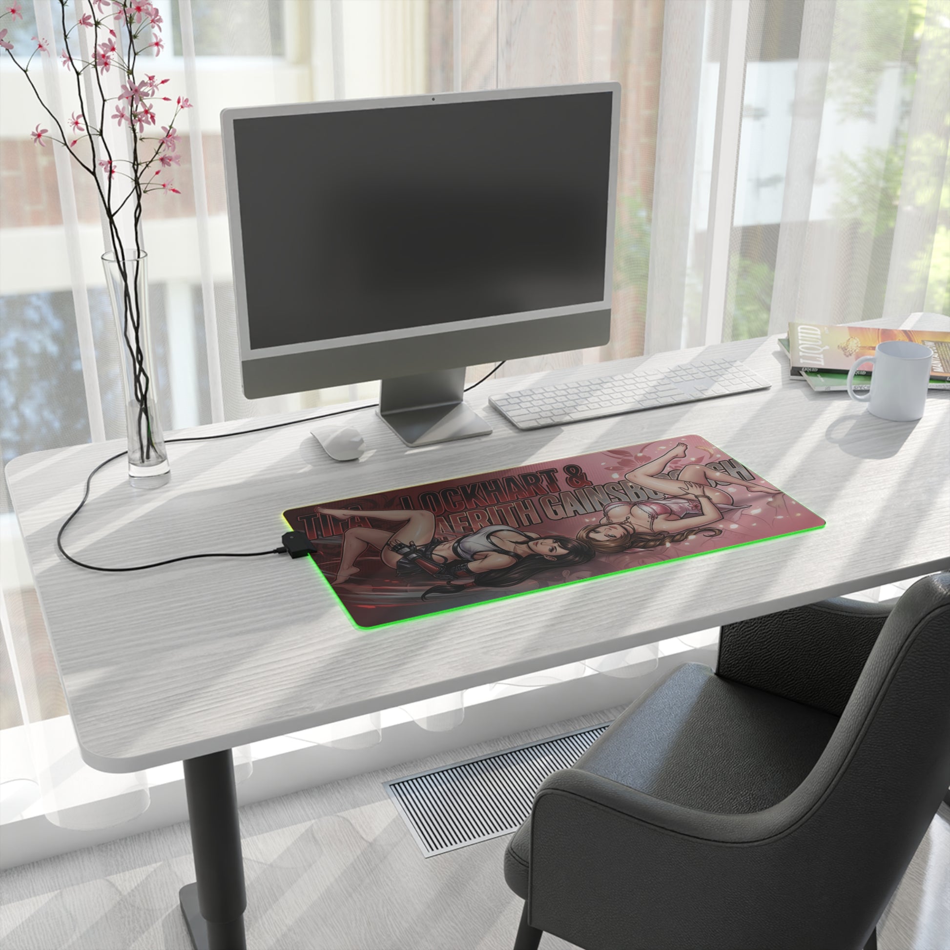 Tifa and Aerith RGB Desk Mat, Final Fantasy Gaming Mouse Pad, LED Desk Mat for Gamer Setup on a modern white desk with monitor and green LED glow