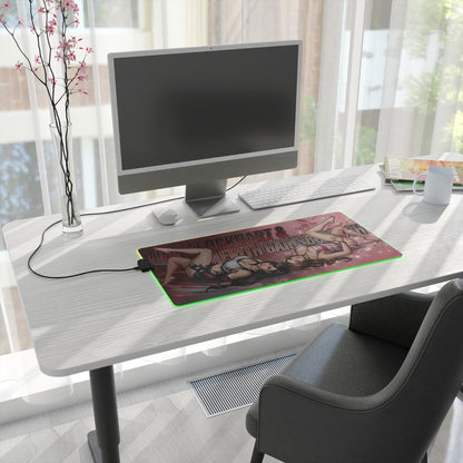 Tifa and Aerith RGB Desk Mat, Final Fantasy Gaming Mouse Pad, LED Desk Mat for Gamer Setup on a modern white desk with monitor and green LED glow