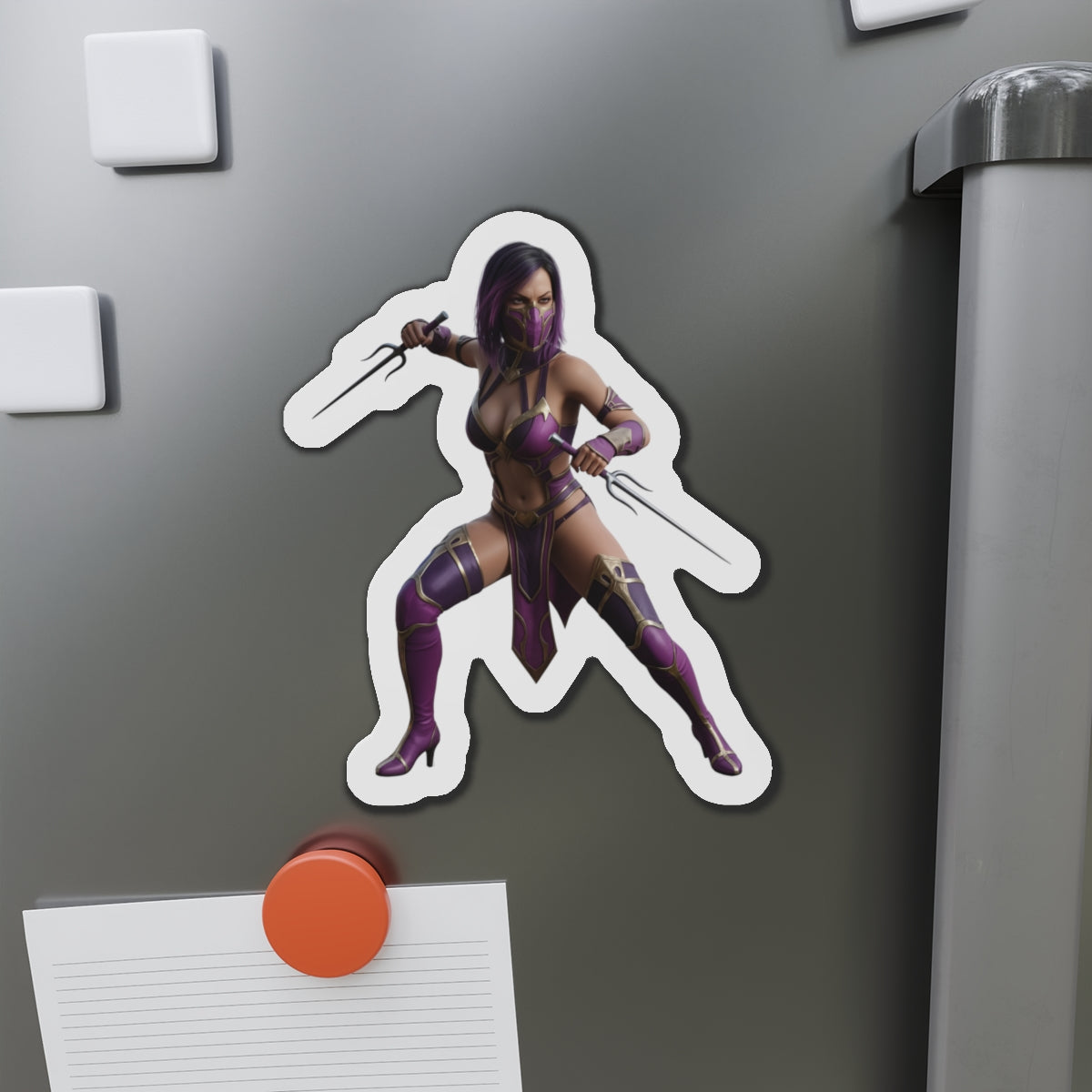 Mileena Magnet – Mortal Kombat Villain Fridge Magnet, Anime Style Decor premium die-cut vinyl magnet showing Mileena in anime-style pose on a fridge