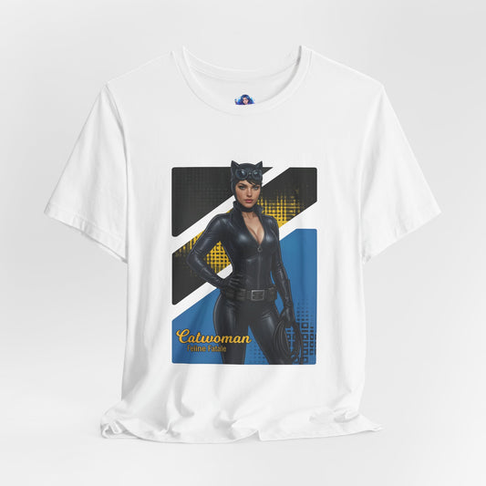 Catwoman T-Shirt | DC Comics Anime Tee for Gamers & Comic Fans – white Bella Canvas tee with anime-style Catwoman illustration and sleek silhouette