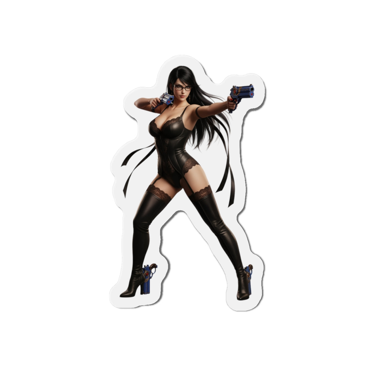 Bayonetta Magnet – Action Game Heroine Fridge Magnet, Anime Style Decor die-cut vinyl fridge magnet of Bayonetta in dynamic dual-pistol pose