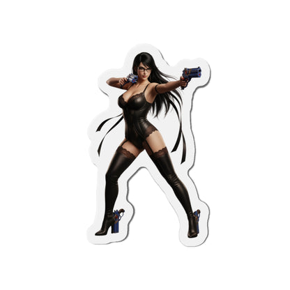 Bayonetta Magnet – Action Game Heroine Fridge Magnet, Anime Style Decor die-cut vinyl fridge magnet of Bayonetta in dynamic dual-pistol pose