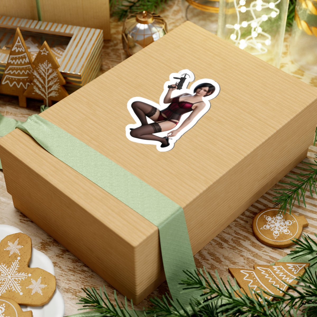 Ada Wong Sticker – Survival Game Vinyl Sticker for Laptops & Indoor Decor on a gift box showing glossy vinyl character art
