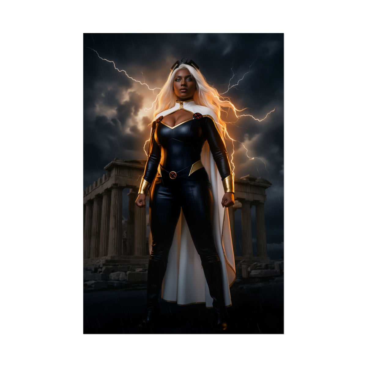 Storm Poster, Marvel X-Men Art Print, Iconic Weather Hero Wall Decor poster of Storm with lightning over ancient ruins, dramatic superhero wall art