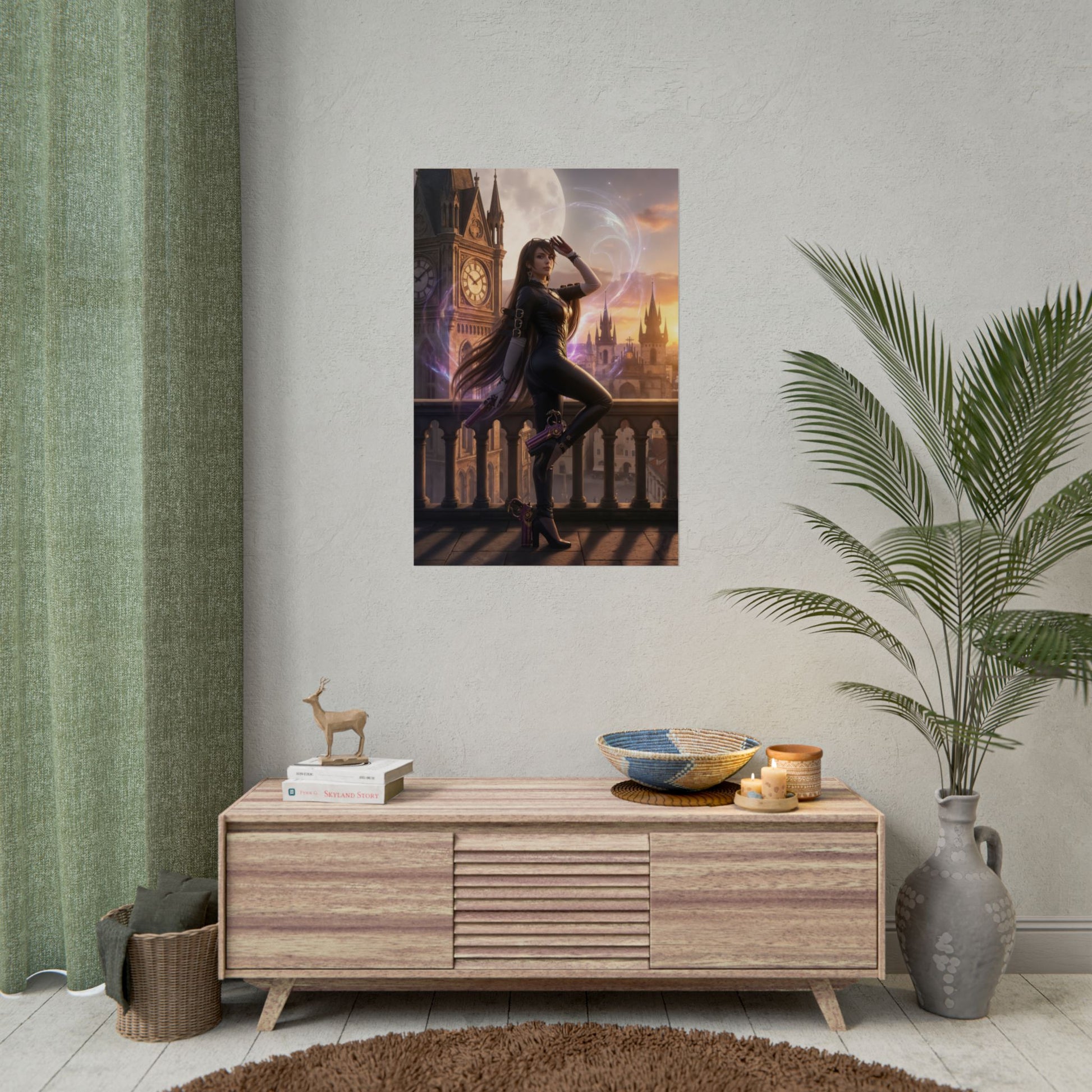 Bayonetta Poster – Iconic Action Witch Heroine Wall Art for Gamer Decor showcasing stylish witch heroine on balcony in vivid ultra-high resolution