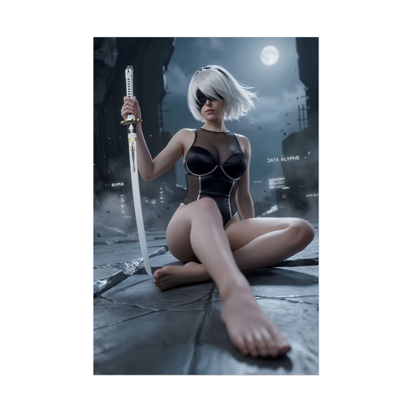 2B Poster / 2B Wall Art / 2B Art Print / NieR Automata Poster - cinematic moonlit 2B holding sword in ruined city, sleek combat outfit and dramatic sci‑fi atmosphere