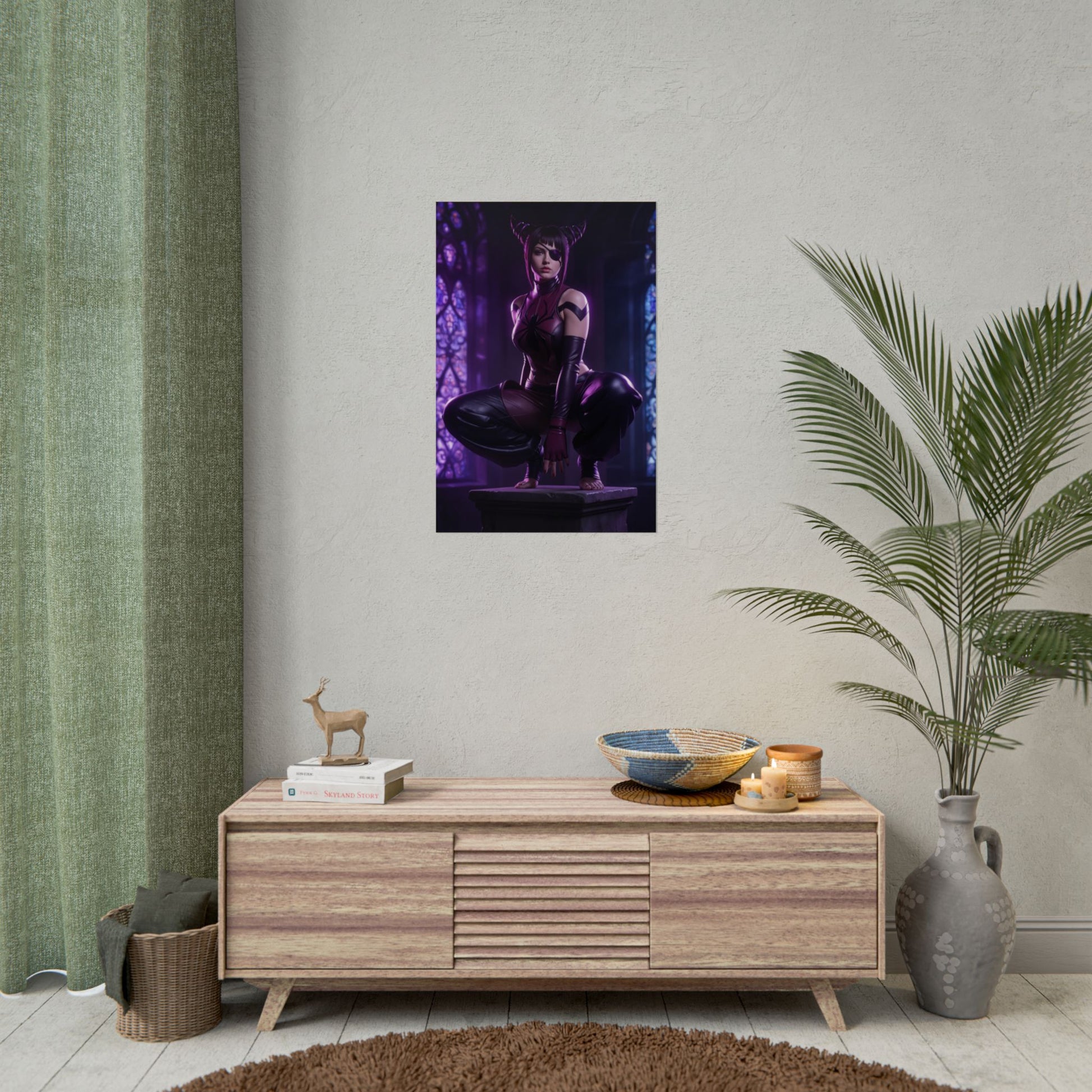 Juri Han Street Fighter Poster – Iconic Fighting Game Heroine Wall Art on modern gaming room wall, vivid purple ultra-high resolution print