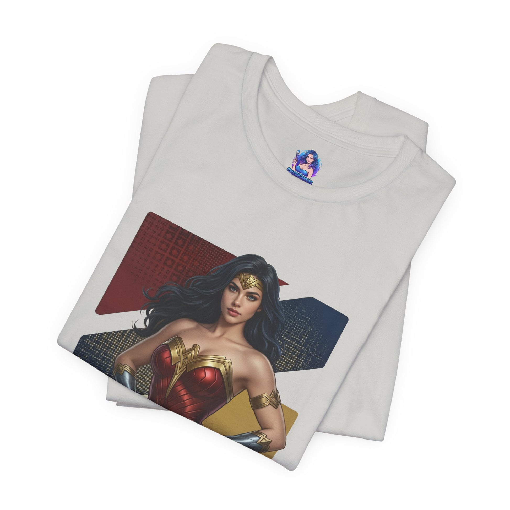 Alt Tag: Wonder Woman T-Shirt | DC Comics Anime Tee for Gamers & Hero Fans folded Bella Canvas tee showing anime-style Wonder Woman print