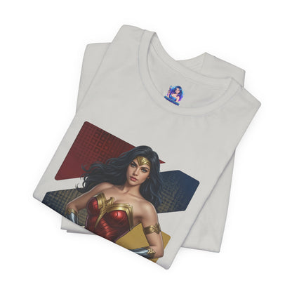 Alt Tag: Wonder Woman T-Shirt | DC Comics Anime Tee for Gamers & Hero Fans folded Bella Canvas tee showing anime-style Wonder Woman print