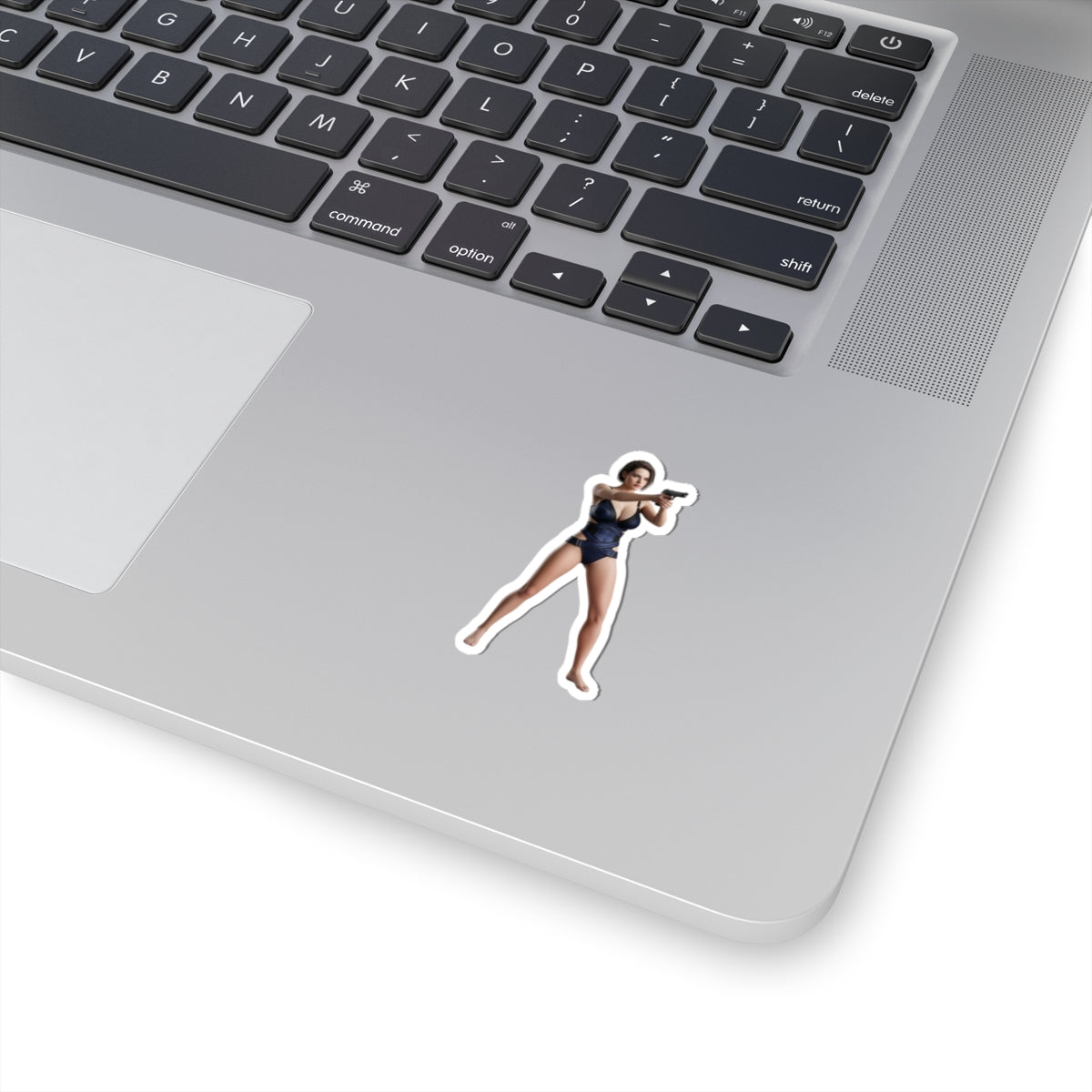 Jill Valentine Sticker – Survival Game Vinyl Sticker for Laptops & Indoor Decor on silver laptop corner showing glossy, detailed character decal