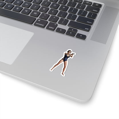 Jill Valentine Sticker – Survival Game Vinyl Sticker for Laptops & Indoor Decor on silver laptop corner showing glossy, detailed character decal