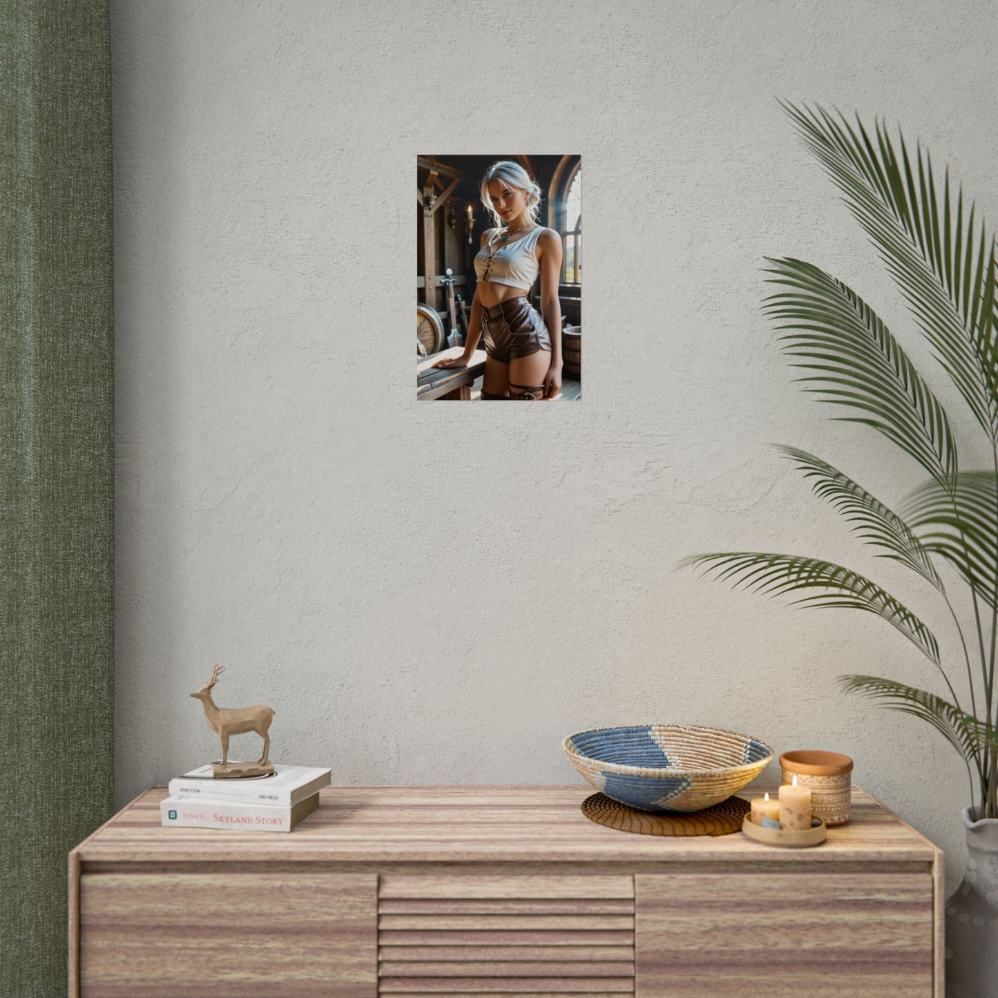 Ciri Wall Decor – Fantasy Heroine Poster for Gaming Room or Home Display centered on neutral wall above wooden console
