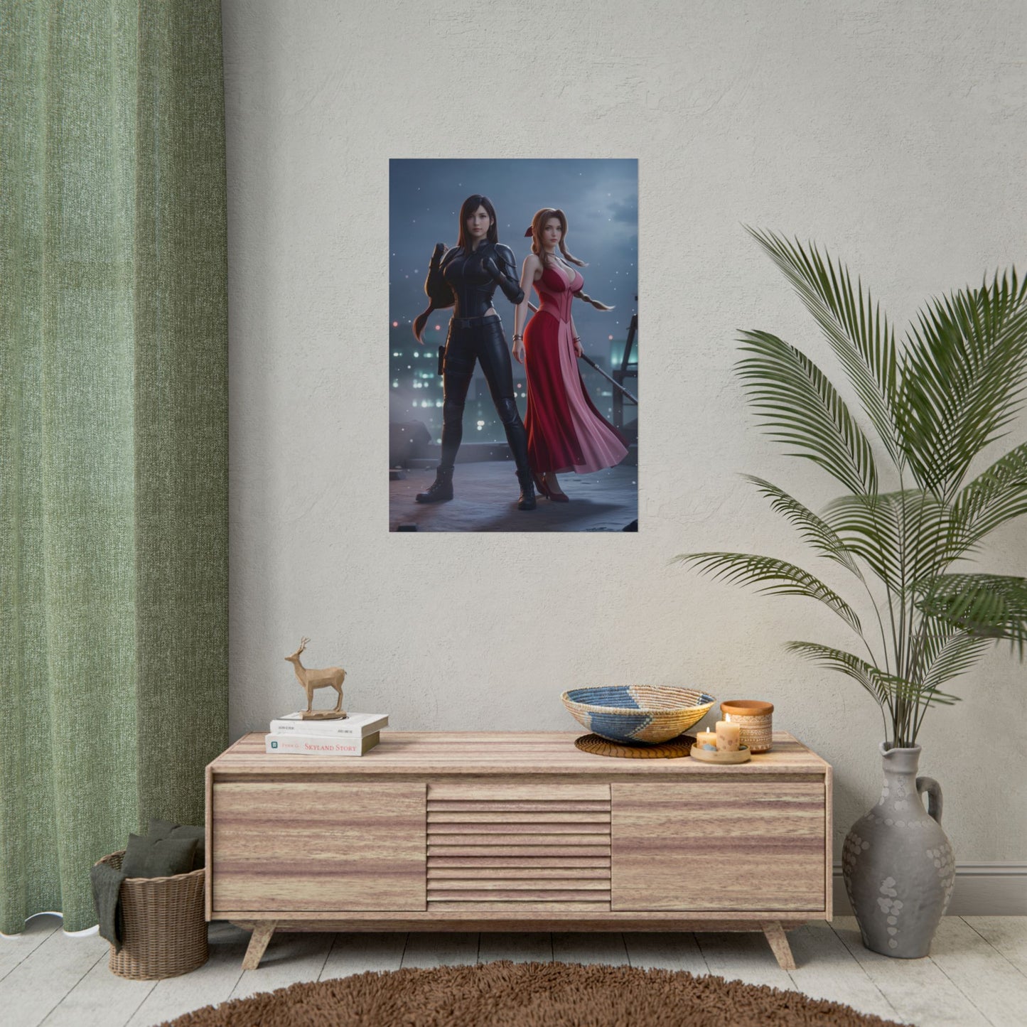 Tifa Aerith Poster, Final Fantasy Wall Art Print – Gaming Decor shown in modern living room above media console