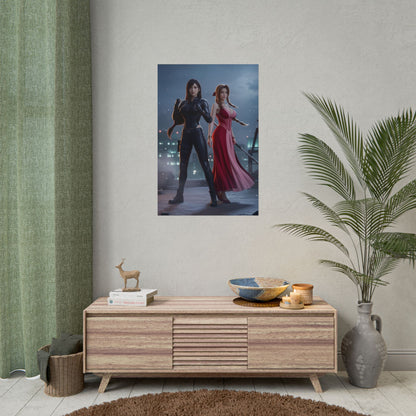 Tifa Aerith Poster, Final Fantasy Wall Art Print – Gaming Decor shown in modern living room above media console