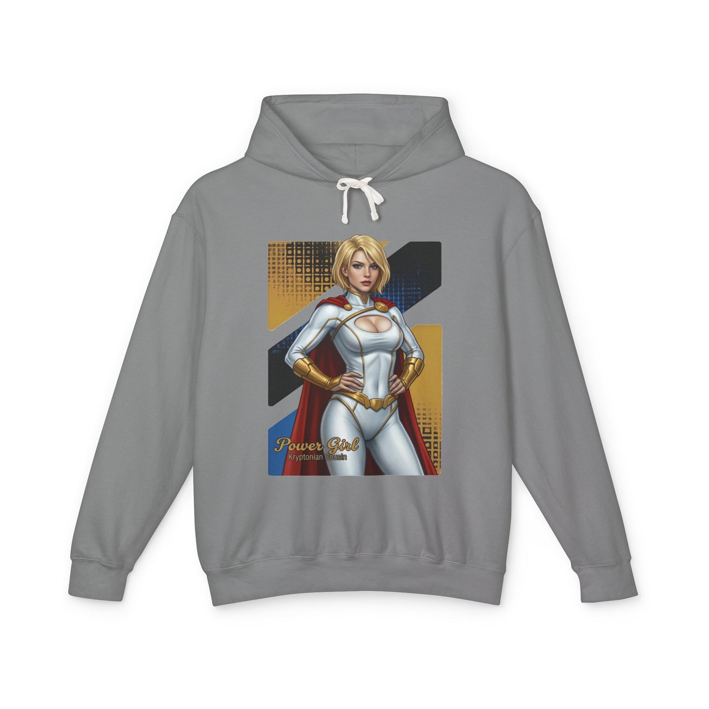 Power Girl Hoodie | DC Comics Hoodie | Anime Superheroine Pullover featuring bold anime-style Power Girl on grey cotton pullover