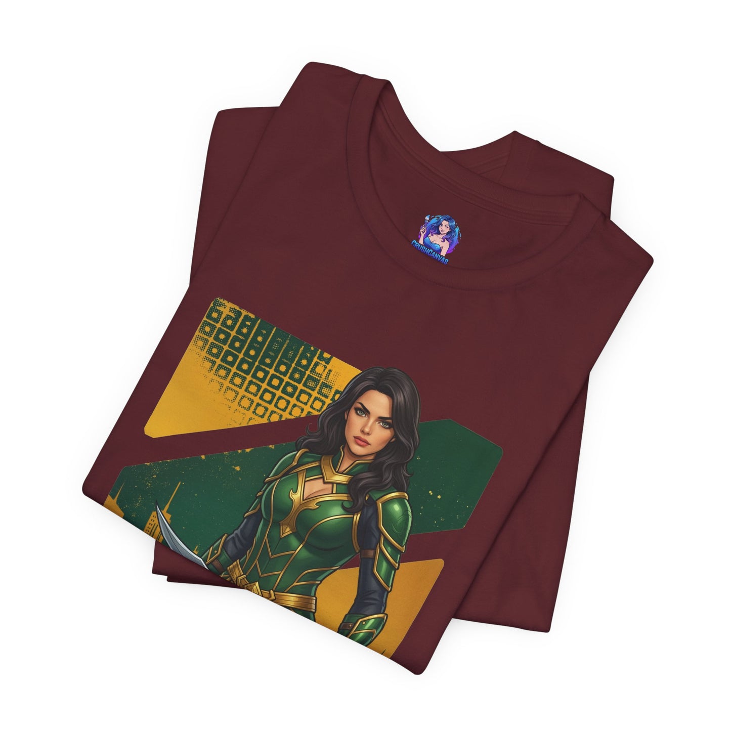 Talia al Ghul T-Shirt | DC Comics Anime Tee for Gamers & Comic Fans folded maroon Bella Canvas tee with anime-style Talia al Ghul illustration