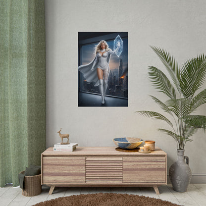 Emma Frost Poster, Marvel X-Men Art Print, Iconic Telepath Hero Wall Decor showcasing confident telepath in sleek white suit over cityscape
