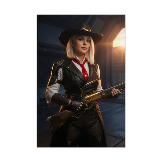 Ashe Poster, Overwatch Art Print – Iconic DPS Heroine Wall Art featuring Ashe in western outfit holding rifle for gamer room decor