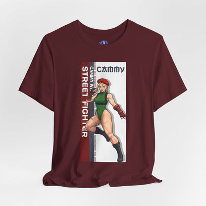 Cammy White T-Shirt | Street Fighter Anime Tee for Gamers & Fighting Game Fans - maroon Bella Canvas tee with Cammy anime illustration