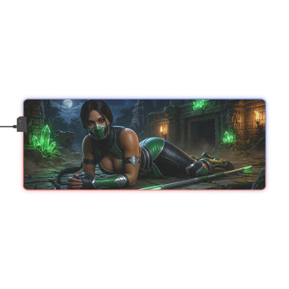 Jade Desk Mat – LED RGB Pad, Waifu Fighter Anime Girl Setup featuring a masked green-armored waifu fighter reclining with bow and glowing crystals