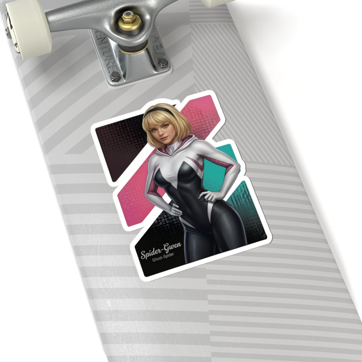 Spider-Gwen Sticker – Superhero Vinyl Sticker for Laptops & Indoor Decor on skateboard deck, glossy vibrant vinyl, bubble-free adhesive