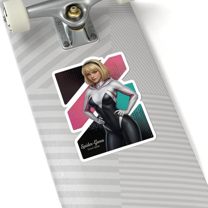 Spider-Gwen Sticker – Superhero Vinyl Sticker for Laptops & Indoor Decor on skateboard deck, glossy vibrant vinyl, bubble-free adhesive