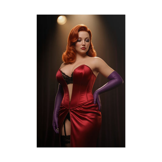 Jessica Rabbit Poster, Classic Animation Art Print – Vintage Wall Decor showing red-haired pinup in red gown and purple gloves for vintage animation fans