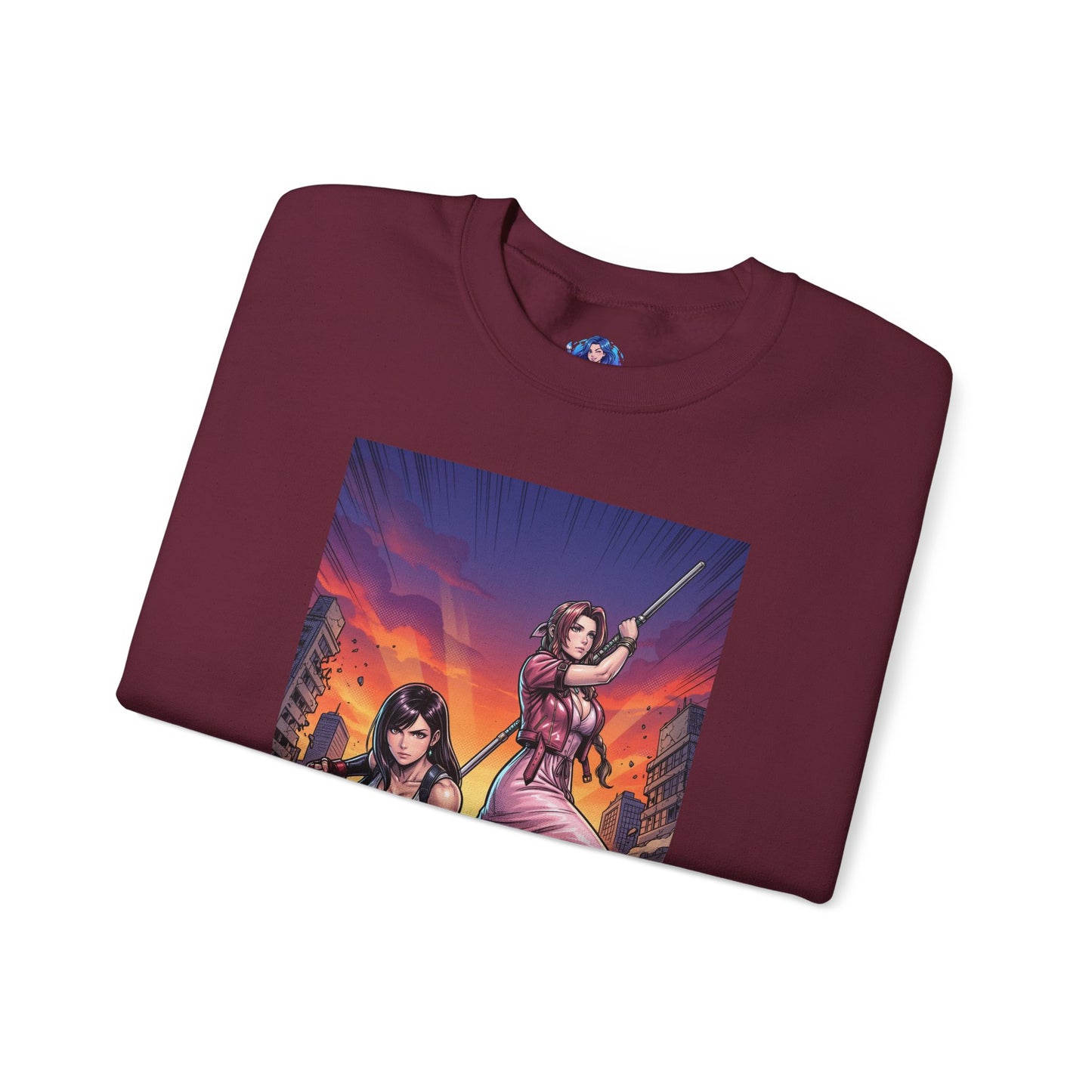 Tifa Lockhart & Aerith Gainsborough Sweatshirt, Game Character Art, Premium Fan Apparel - maroon crewneck with cinematic Tifa and Aerith battle-ready illustration
