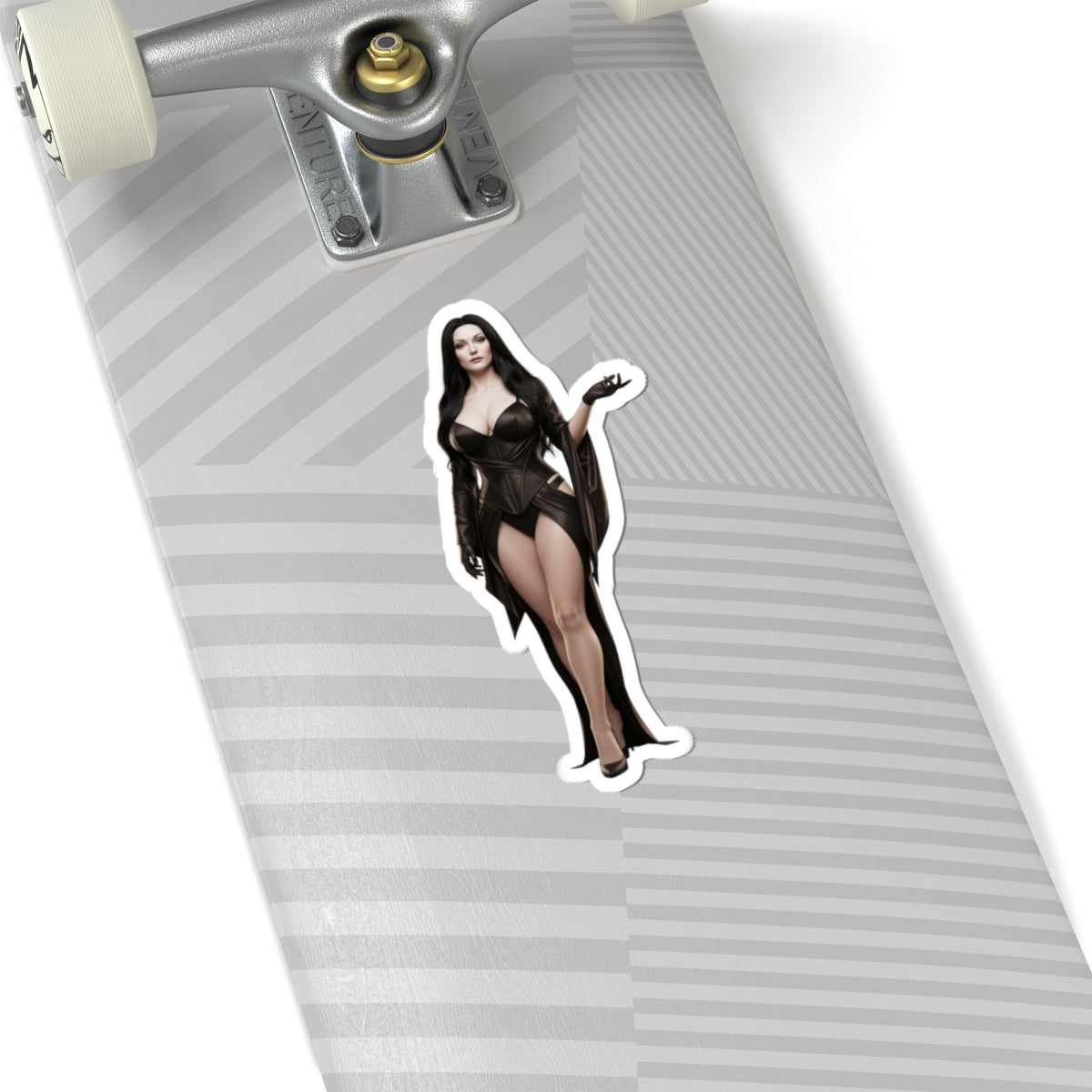 Morticia Addams Sticker – Gothic Character Vinyl Sticker for Laptops & Indoor Decor on skateboard, glossy durable vinyl, crisp gothic artwork