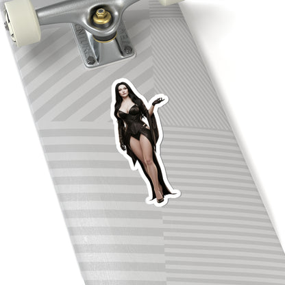Morticia Addams Sticker – Gothic Character Vinyl Sticker for Laptops & Indoor Decor on skateboard, glossy durable vinyl, crisp gothic artwork