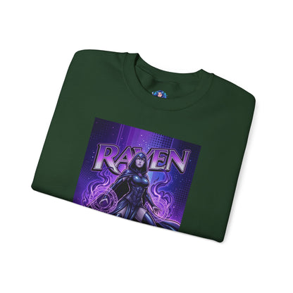 Raven Sweatshirt, DC Comics Art Print Style, Premium Mystic Apparel - dark green crewneck with anime-inspired Raven art and glowing arcane symbols