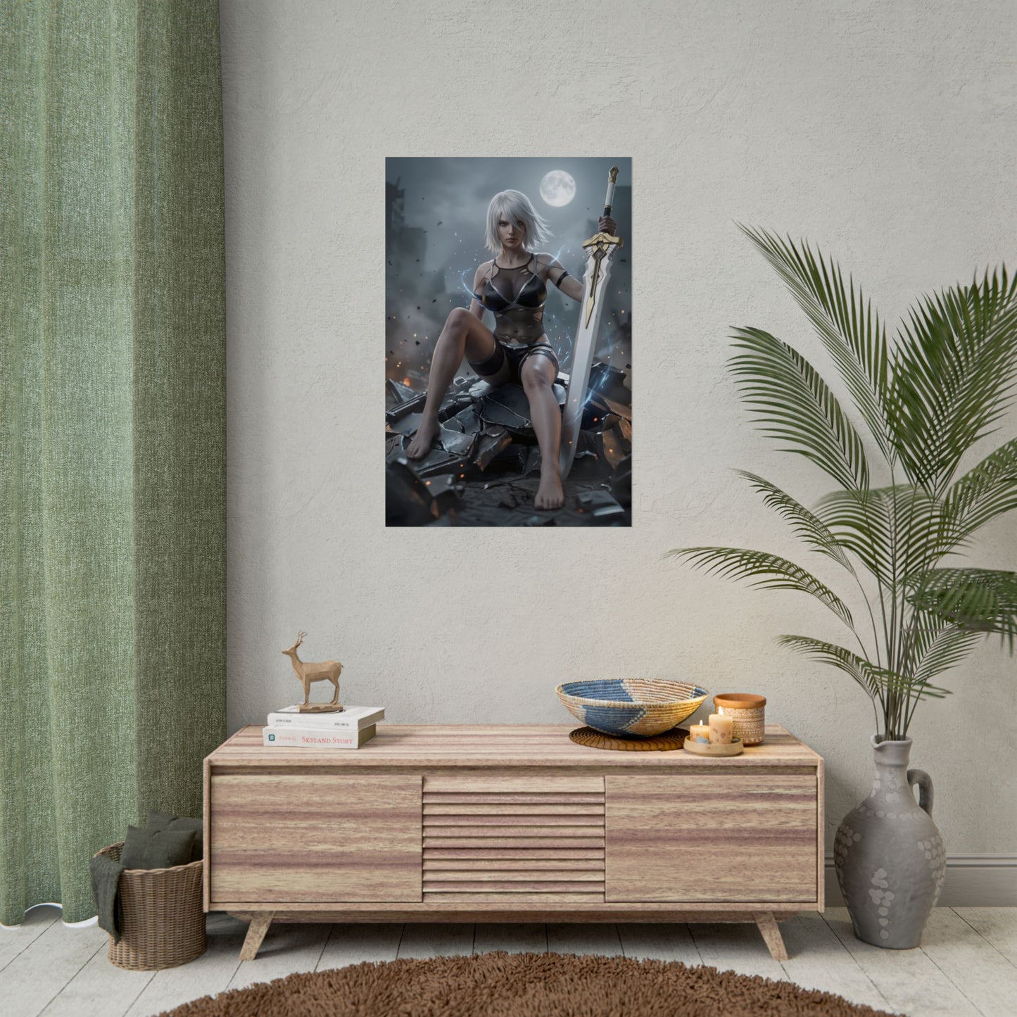 A2 Poster / A2 Wall Art / A2 Art Print / NieR Automata Poster - battle-hardened android warrior in ruined city with sword, dramatic sci-fi art