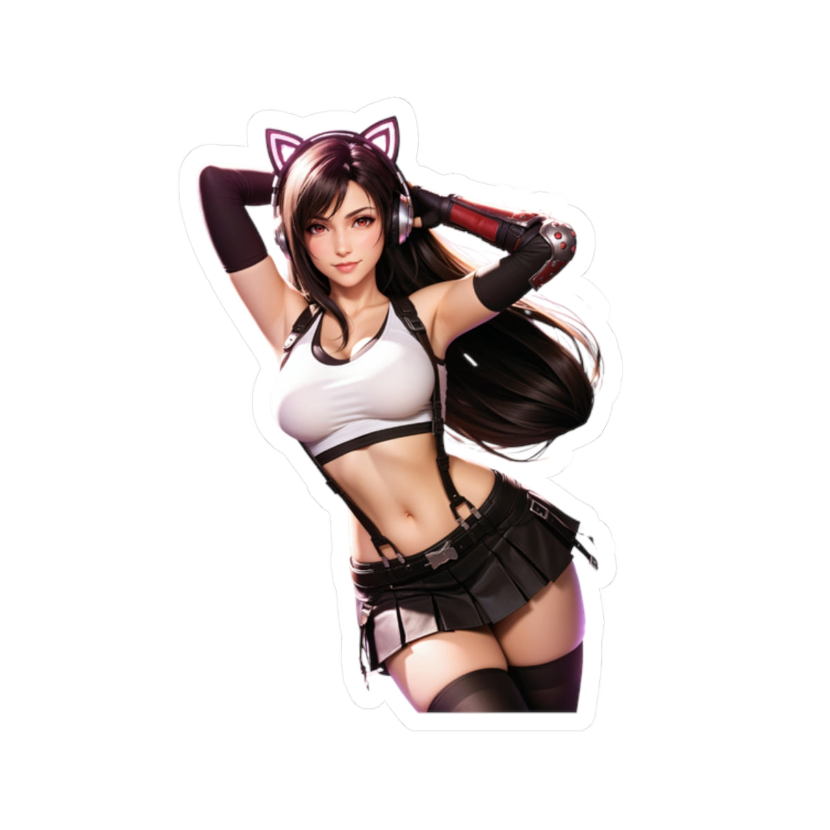Tifa Lockhart Sticker – Fantasy Game Vinyl Sticker for Laptops & Indoor Decor featuring Tifa in a stylish pose with cat ears.