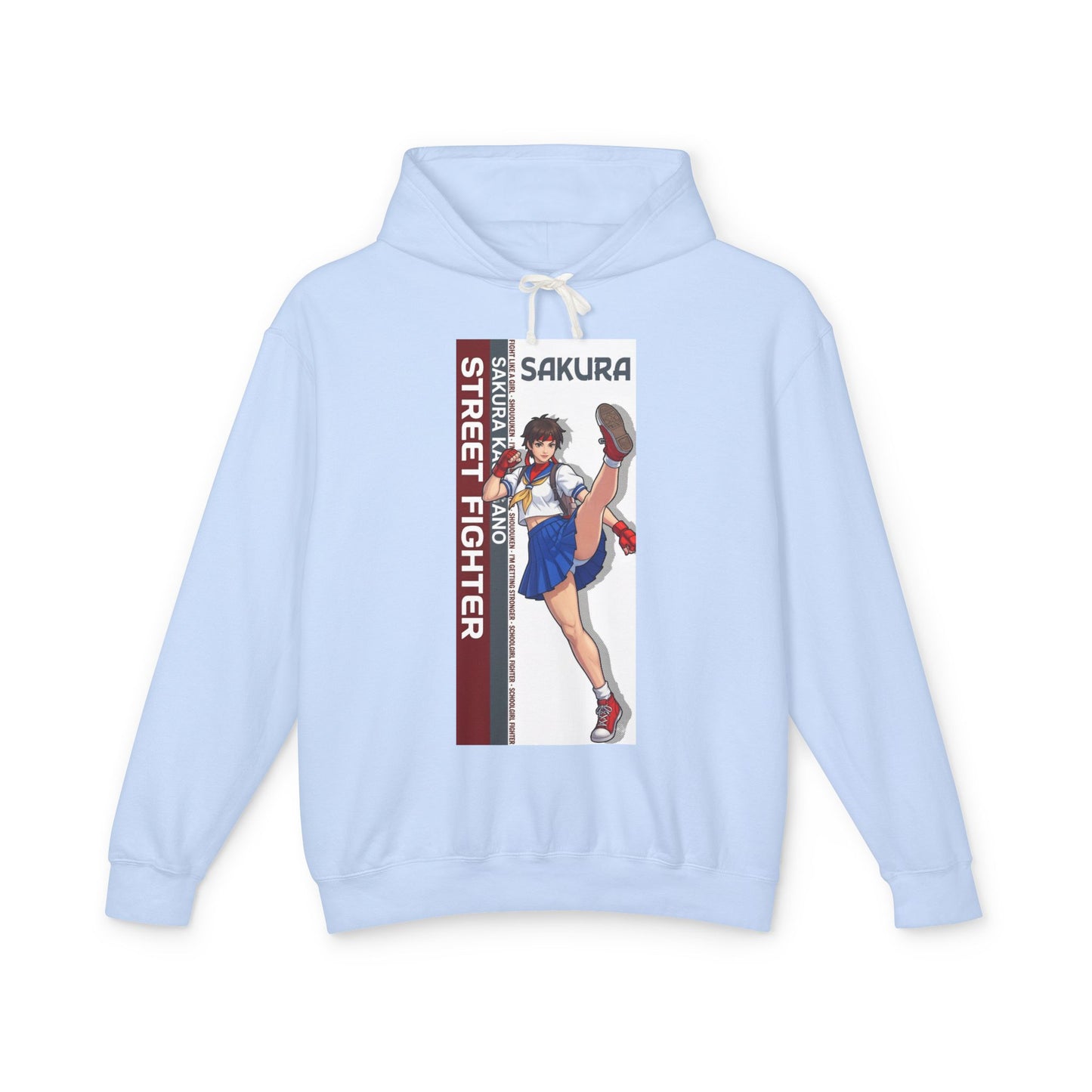 Sakura Hoodie | Street Fighter Hoodie | Anime Martial Artist Pullover - light blue pullover with energetic Sakura kick illustration