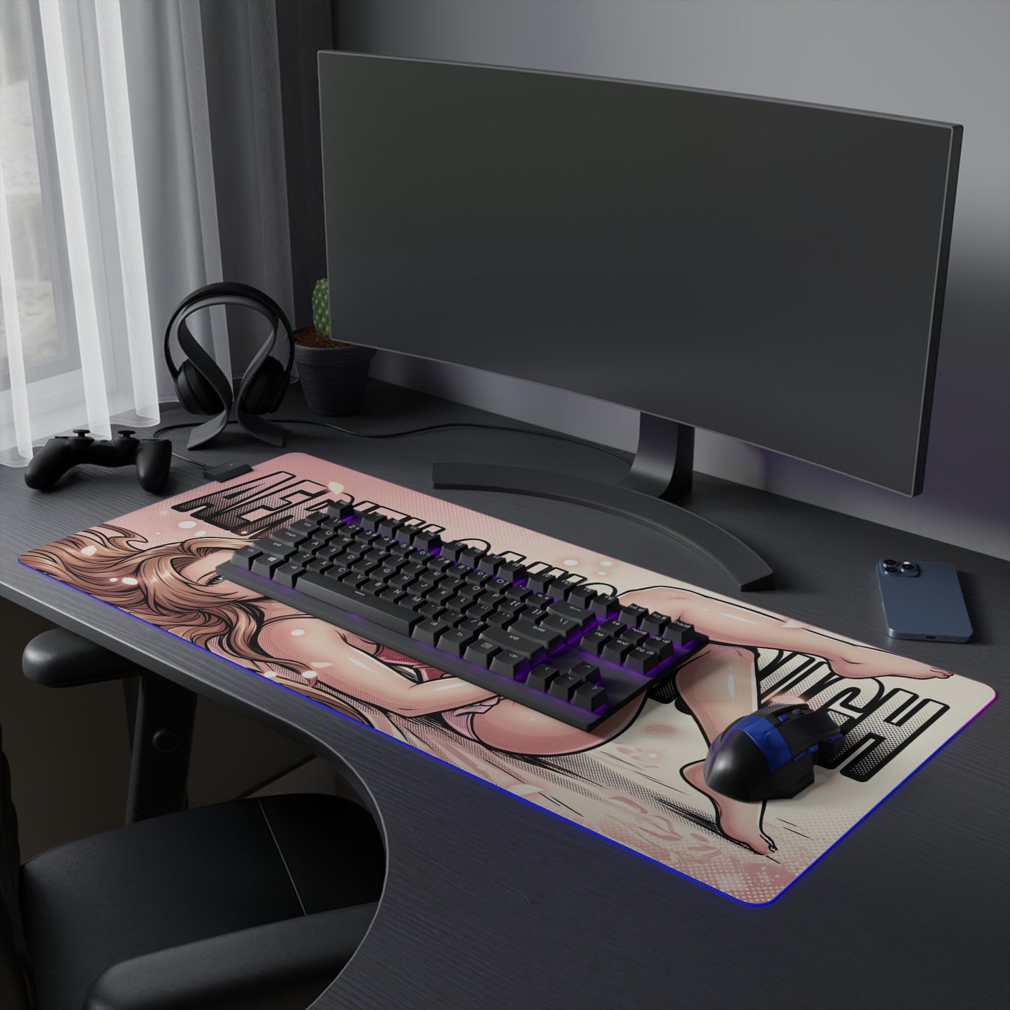 Aerith Gainsborough RGB Desk Mat, Final Fantasy Gaming Mouse Pad, LED Desk Mat showcasing soft fantasy artwork with RGB lighting on a gaming desk