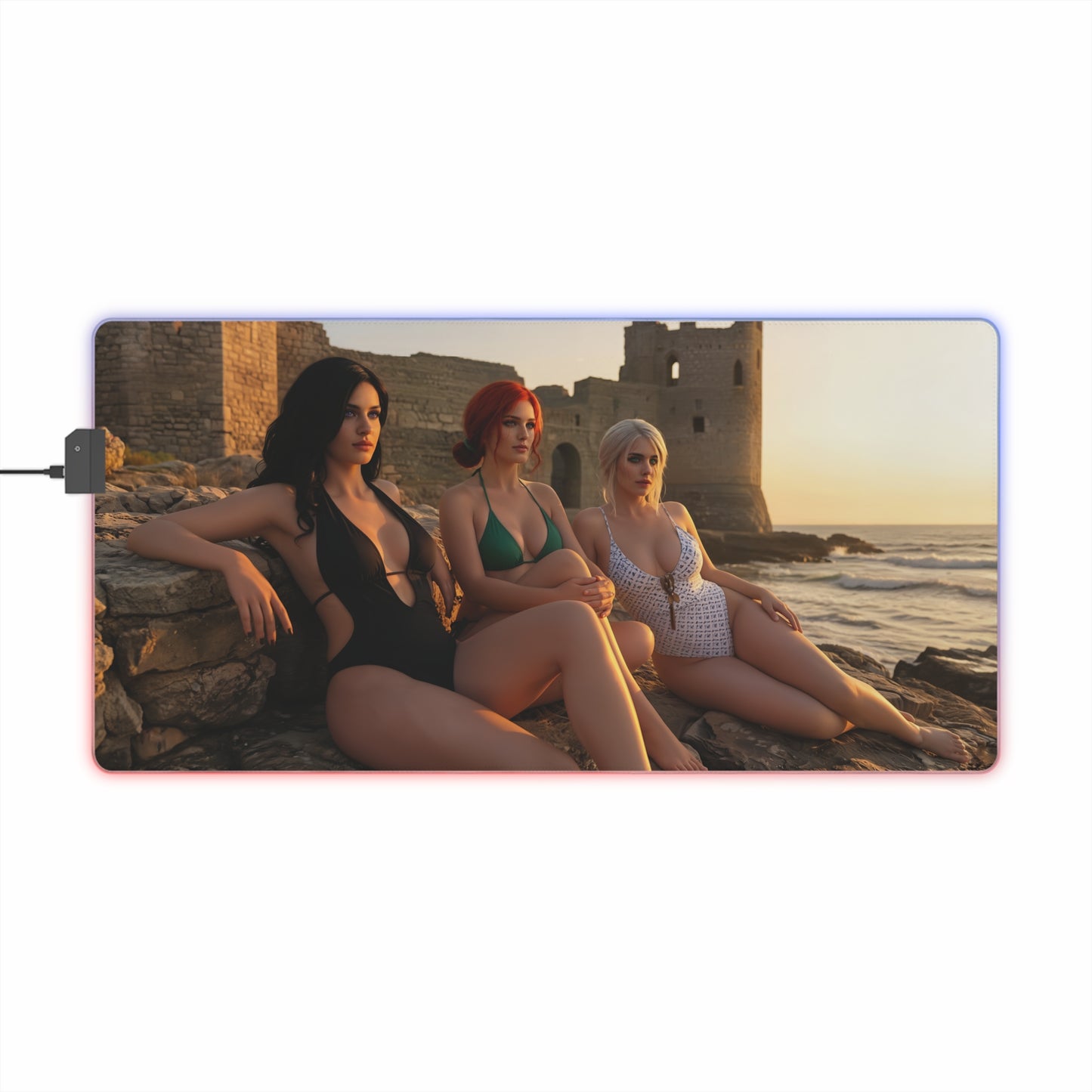 Ciri, Triss Merigold & Yennefer Desk Mat – LED RGB Pad showing three heroines lounging by a seaside castle at sunset with RGB lighting
