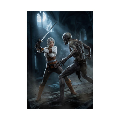 Ciri Poster, The Witcher Art Print, Iconic Warrior Character Wall Decor - Ciri dueling a ghoul in gothic ruins, dynamic fantasy gaming wall art