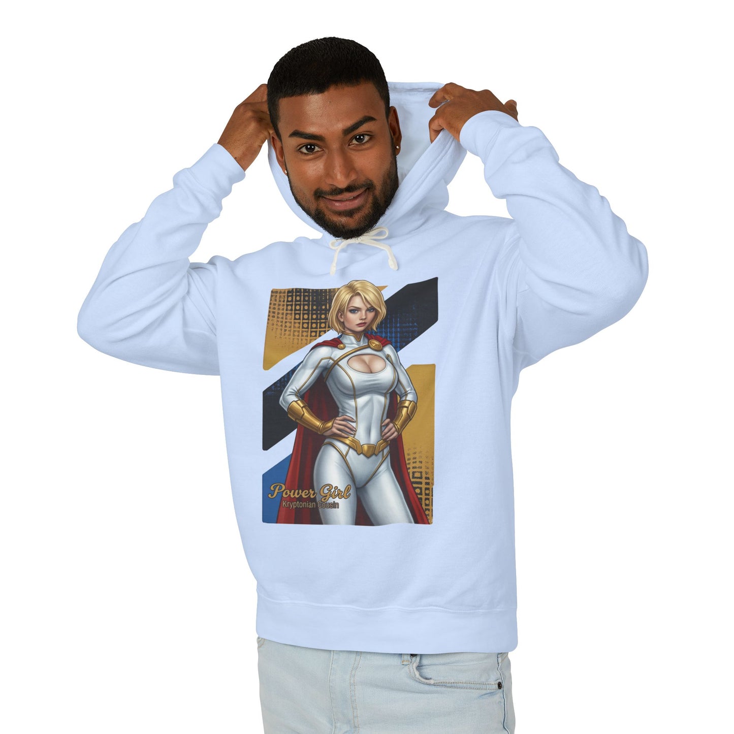 Power Girl Hoodie | DC Comics Hoodie | Anime Superheroine Pullover - man wearing light blue hoodie with anime Power Girl graphic