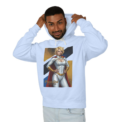 Power Girl Hoodie | DC Comics Hoodie | Anime Superheroine Pullover - man wearing light blue hoodie with anime Power Girl graphic