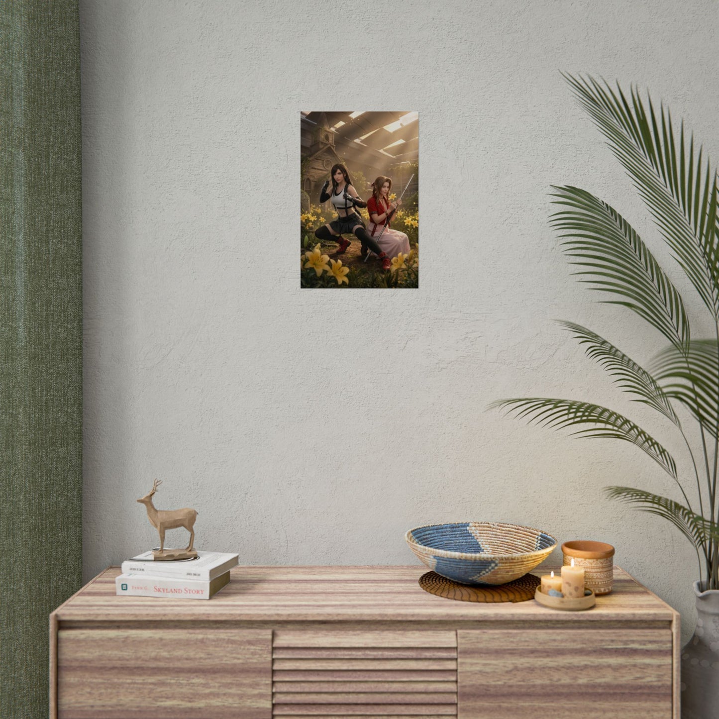 Tifa and Aerith Poster, Final Fantasy Art Print – Iconic RPG Duo hanging on a minimalist wall above a wooden console, vivid high-resolution art