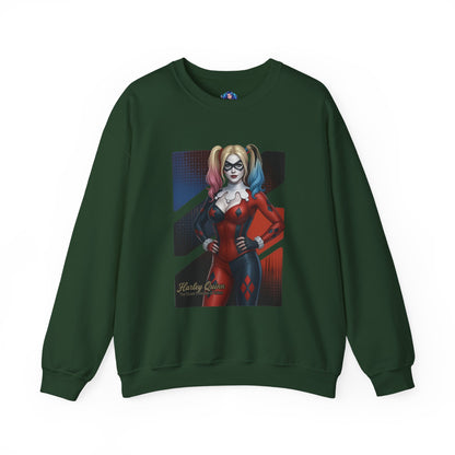 Harley Quinn Sweatshirt, DC Comics Crewneck, Iconic Comic Apparel for Fans — green crewneck with Harley Quinn red-and-black artwork