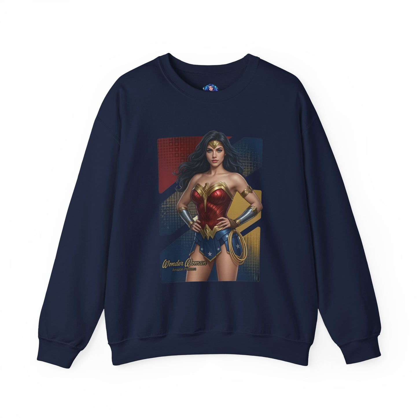 Wonder Woman Sweatshirt, DC Comics Crewneck, Legendary Superhero Apparel for Fans - navy crewneck with iconic Wonder Woman armor artwork and lasso