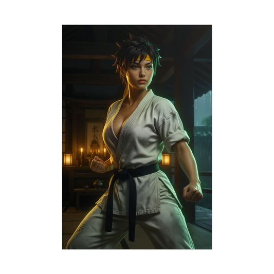Makoto Street Fighter Poster – Iconic Martial Artist Heroine Wall Art showing Makoto in white gi and black belt in dramatic dojo lighting