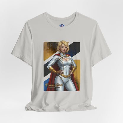 Power Girl T-Shirt | DC Comics Anime Tee for Gamers & Hero Fans front view white Bella Canvas tee with anime-style Power Girl illustration